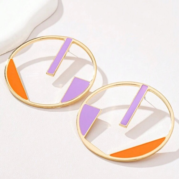 ✨NEW Geometric Gold tone and Purple Statement Earrings - Picture 2 of 5
